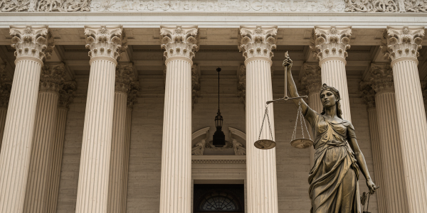 Lady Justice statue holding scales in front of The Supreme Court building entrance with ornate architectural details, classical columns, and official court emblem, professional legal photography