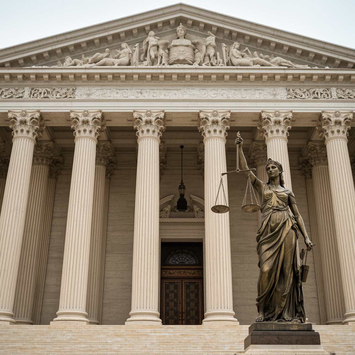 Lady Justice statue holding scales in front of The Supreme Court building entrance with ornate architectural details, classical columns, and official court emblem, professional legal photography