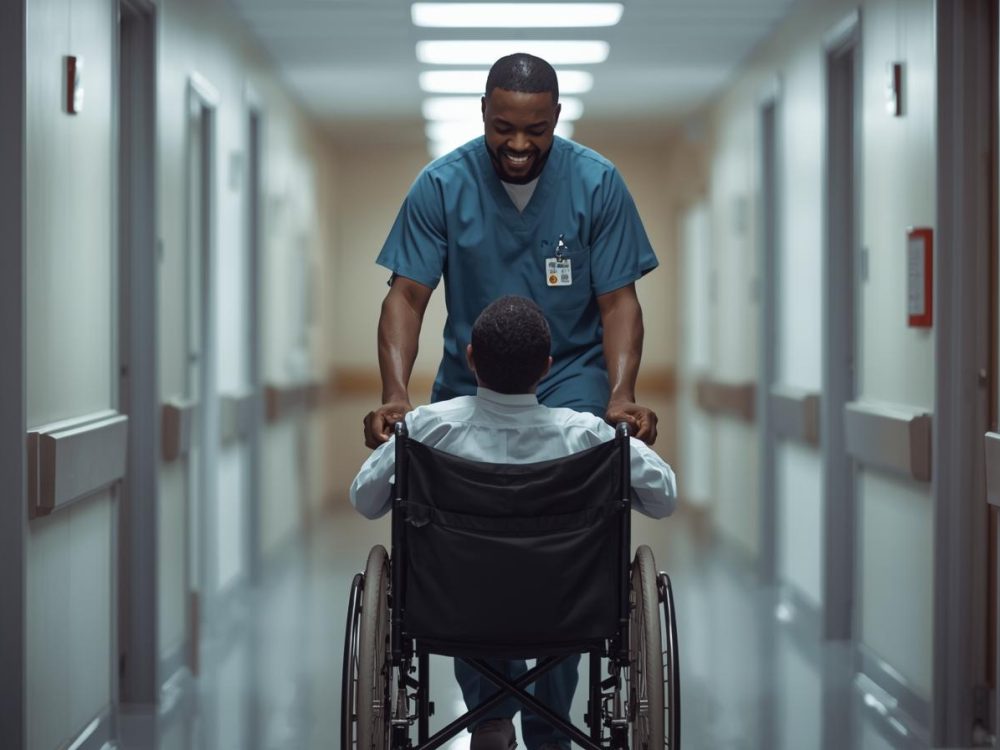 create a picture of a black skin man rolling a patient in hospital on a wheel chair