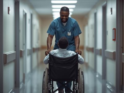 create a picture of a black skin man rolling a patient in hospital on a wheel chair